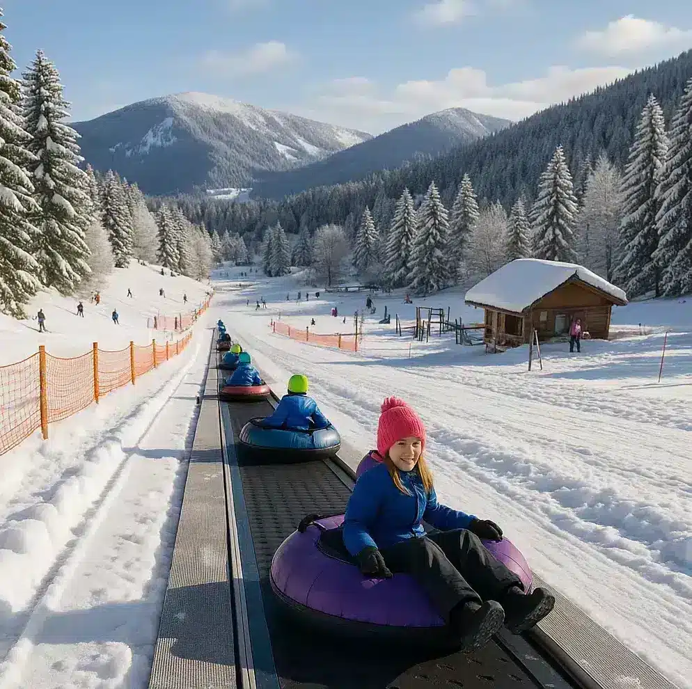Piste de tubing enneigée dans les Vosges près de Colmar en hiver