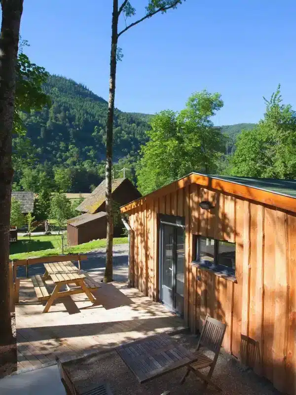 Chalet en bois avec terrasse et table de pique-nique près de Gérardmer