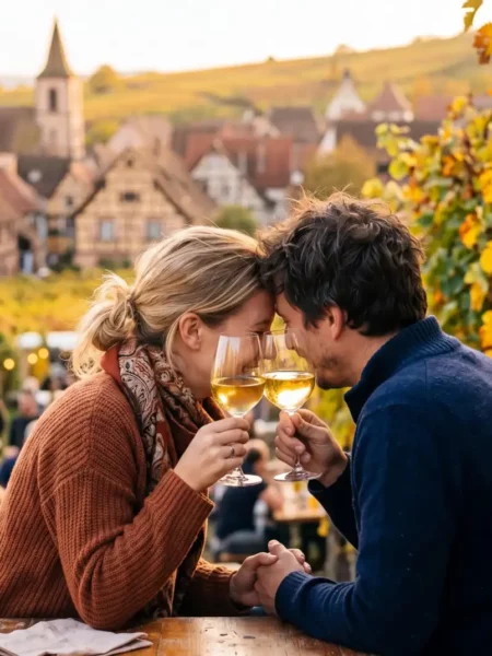 Dégustation de vin en amoureux dans un vignoble alsacien